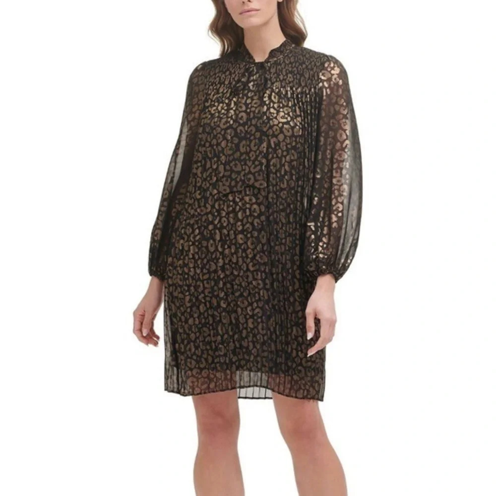 New DKNY Pleated Metallic Animal Print Dress